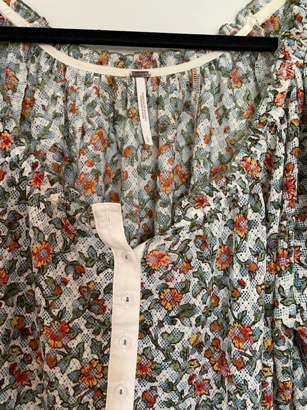 Free People Floral Puff Sleeve Blouse in Cream, Green & Orange - Picture 2 of 4
